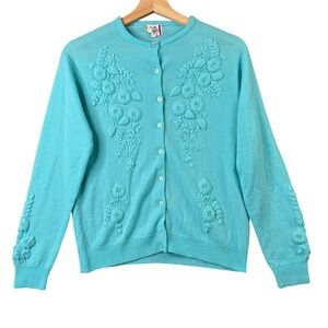 Flair Fashions Vintage Aqua Blue Floral Embroidered Button Up Cardigan‎ Medium